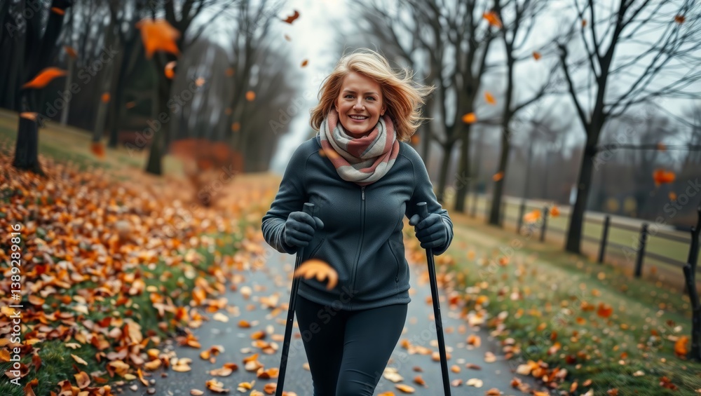 Woman Walking in Autumn. A woman is Nordic walking on a road covered with fallen leaves on an autumn day.