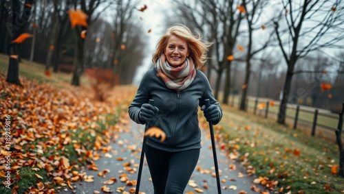 Woman Walking in Autumn. A woman is Nordic walking on a road covered with fallen leaves on an autumn day.