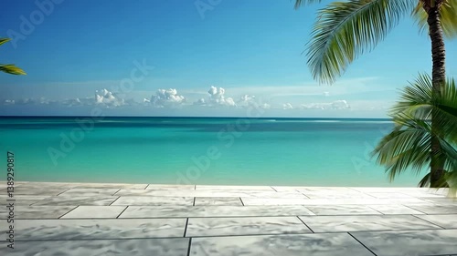 Serene Tropical Seascape: Palm Trees, Ocean, and Tranquil Patio