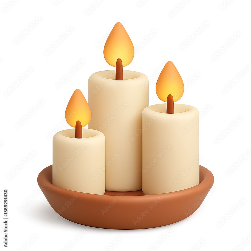 Simple 3D Icon of Three Candles with Flames in a Bowl Simple 3D Icon of Three Candles with Flames in a Bowl