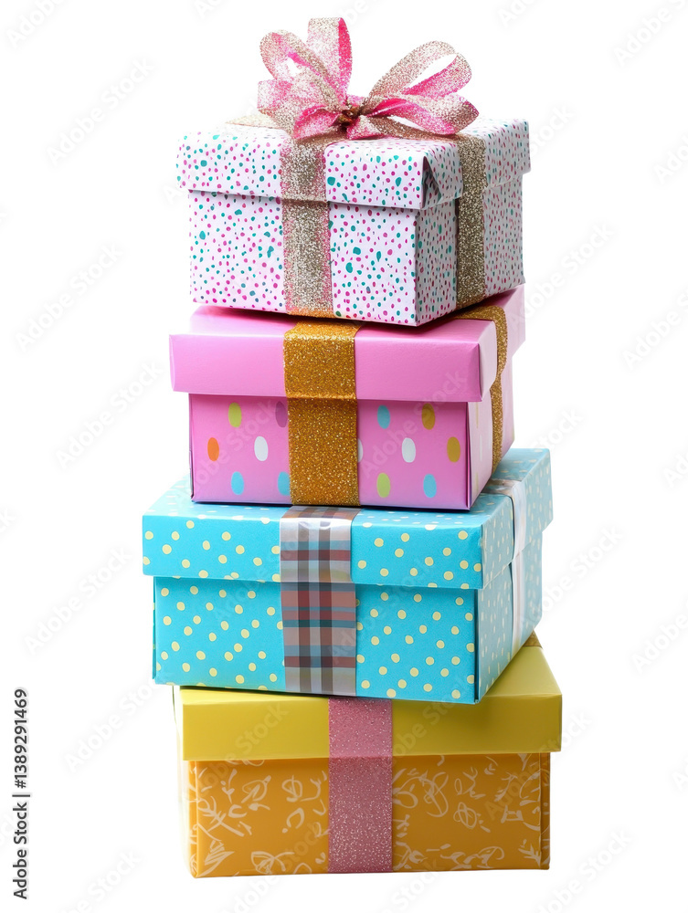 Obraz premium Stack of Colorful Gift Boxes with Ribbons Birthday Celebration Party Presents