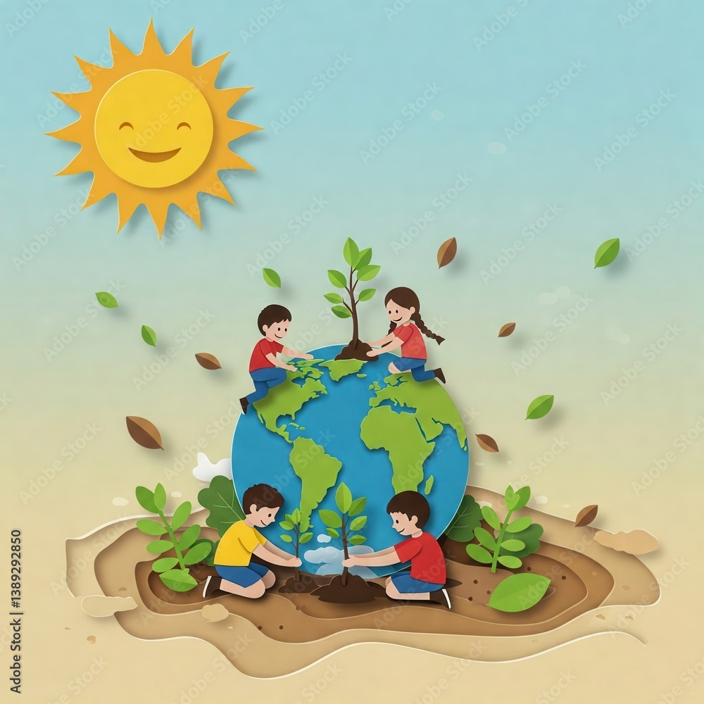 Naklejka premium A bright illustration depicting children planting trees on a stylized Earth under a smiling sun. 