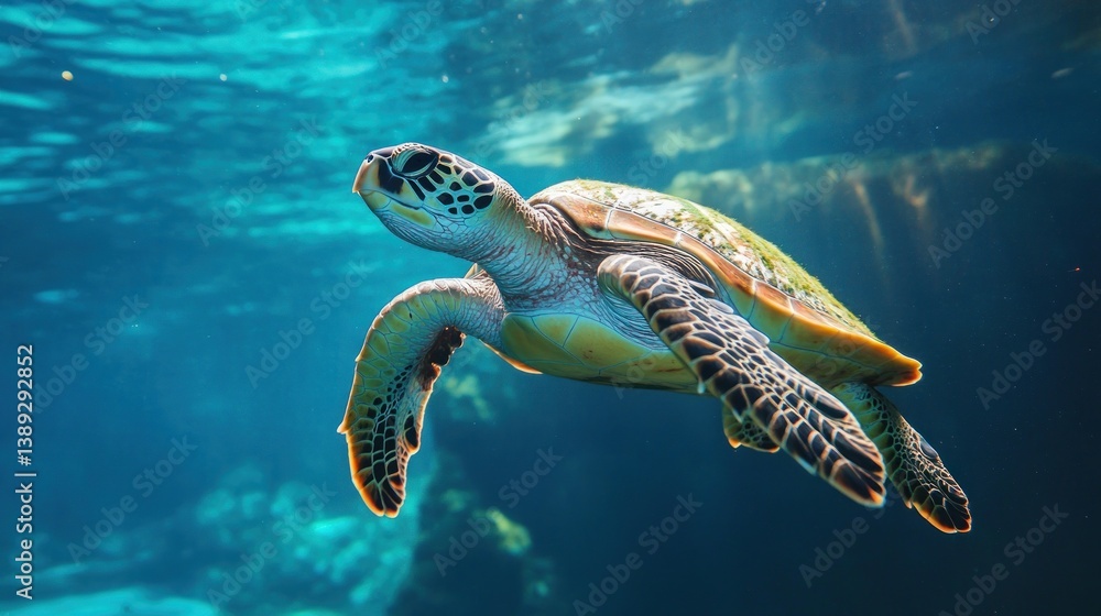 Fototapeta premium Sea turtle swimming in a deep blue ocean