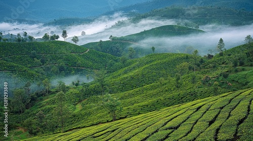 Misty Morning Serenity over Tea Plantations in Munnar, Kerala, India