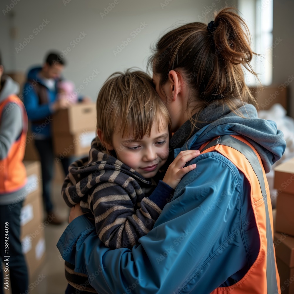 Refugee Family Comfort. A caring volunteer embraces a young child in a relief center, offering emotional support during a difficult time.