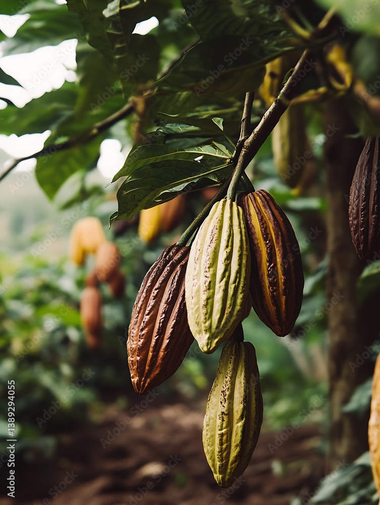Clusters of cacao pods showcasing vibrant colors hanging from branches in a rich green landscape : Generative AI