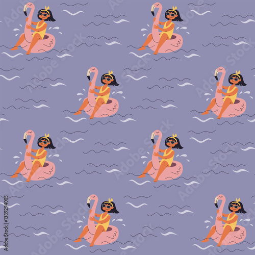 Vector seamless pattern with funny cartoon girls swimming on a inflatable flamingo. Summer wallpaper with a resting people on a sea. Repeat texture for textile with cartoon young women floating.