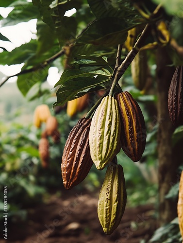 Obraz na płótnie Clusters of cacao pods showcasing vibrant colors hanging from branches in a rich green landscape : Generative AI w salonie