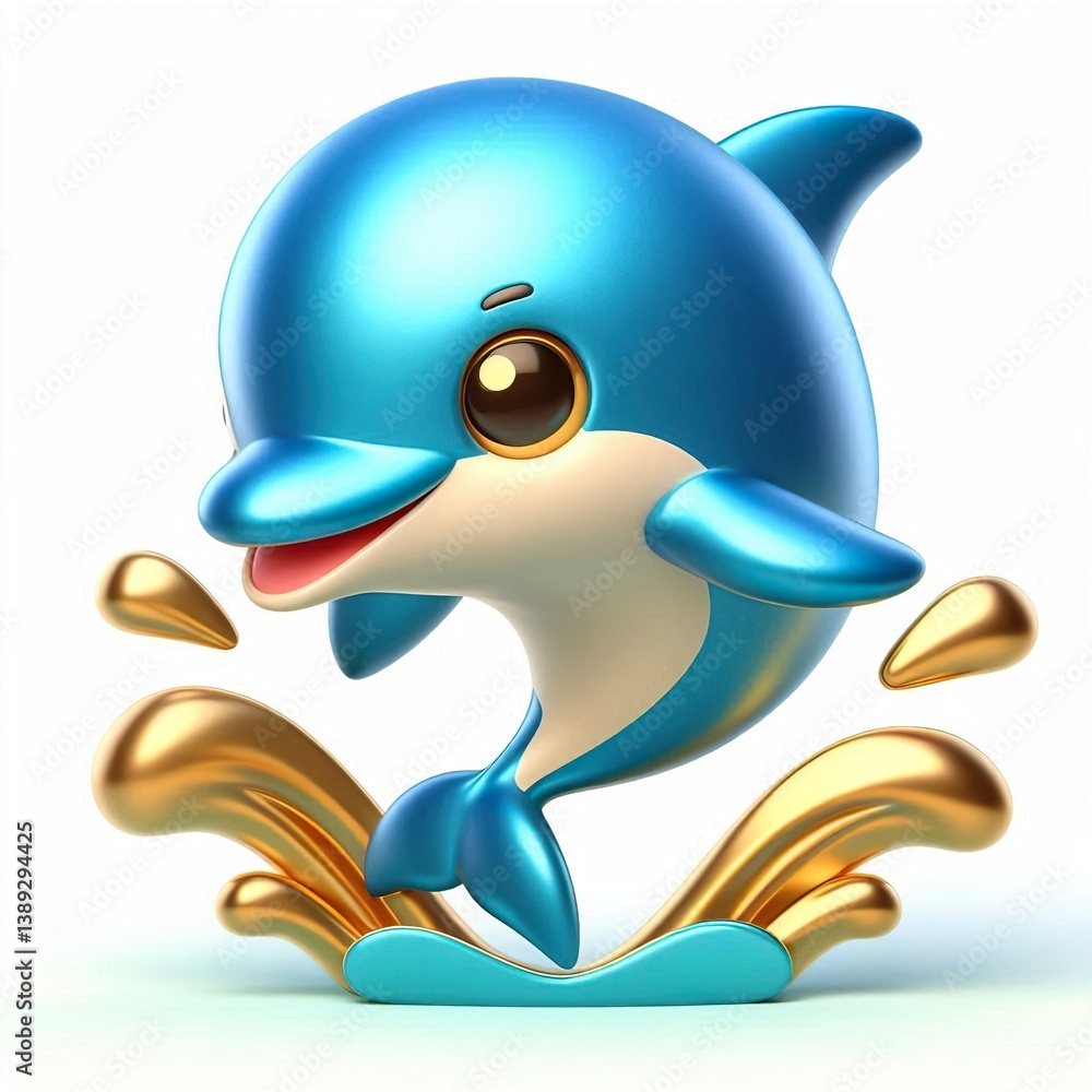 Fototapeta premium Animated character 3D image of happy blue-gold dolphin jumping, cute design, white background