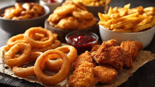 Fast food meals, onion rings, french fries, chicken nuggets, fried chicken and ketchup on wooden table