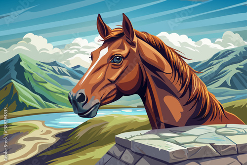 Horse portrait close up on a polished stone platform with subtle mountain silhouettes