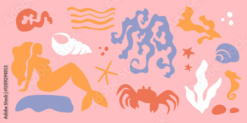 Sea mermaid seaweed organic silhouette set with abstract seashell crab fish sea creatures and plants coral, seashell conch flat simple poster marine art. Isolated. Vector illustration.