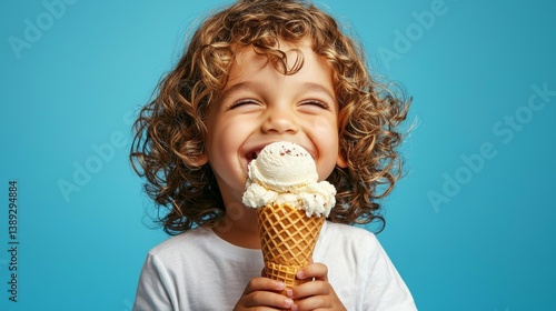 Joyful Child Enjoying Ice Cream in a Waffle Cone Against a Bright Blue Background - Generative AI Image