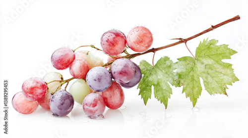 Close Up Of A Grape Bunch Displaying Shades Of Red And Purple With Green Leaf And Branch Against A White Background