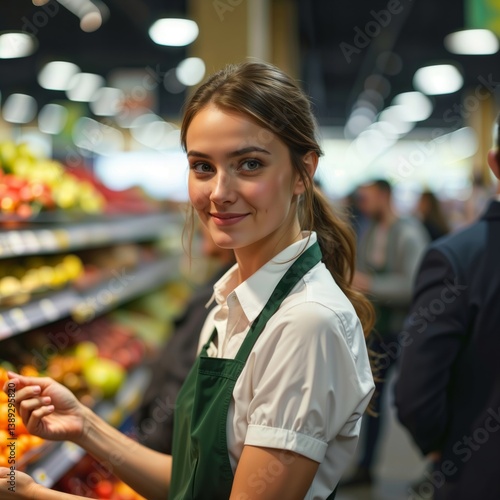 Obraz na płótnie Grocery Store Assistant. Friendly female grocery store worker in green apron standing in produce section with colorful fruits and vegetables behind her. w salonie