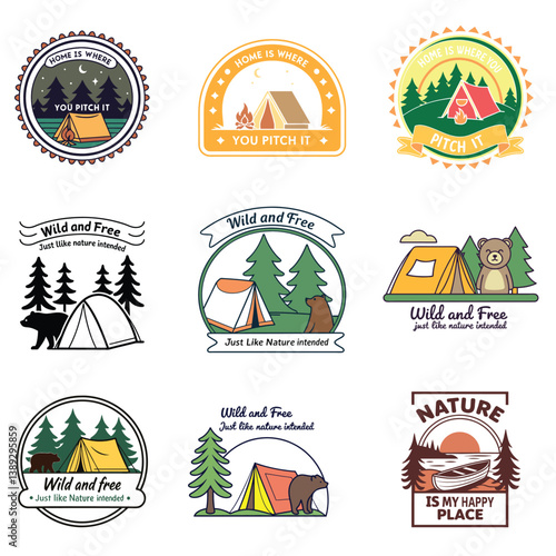 Set of nine camping-themed logos, t shirt design or graphics, summer camping t shrit design bundle, collection of camping themed t shirt design for camping lover in summer