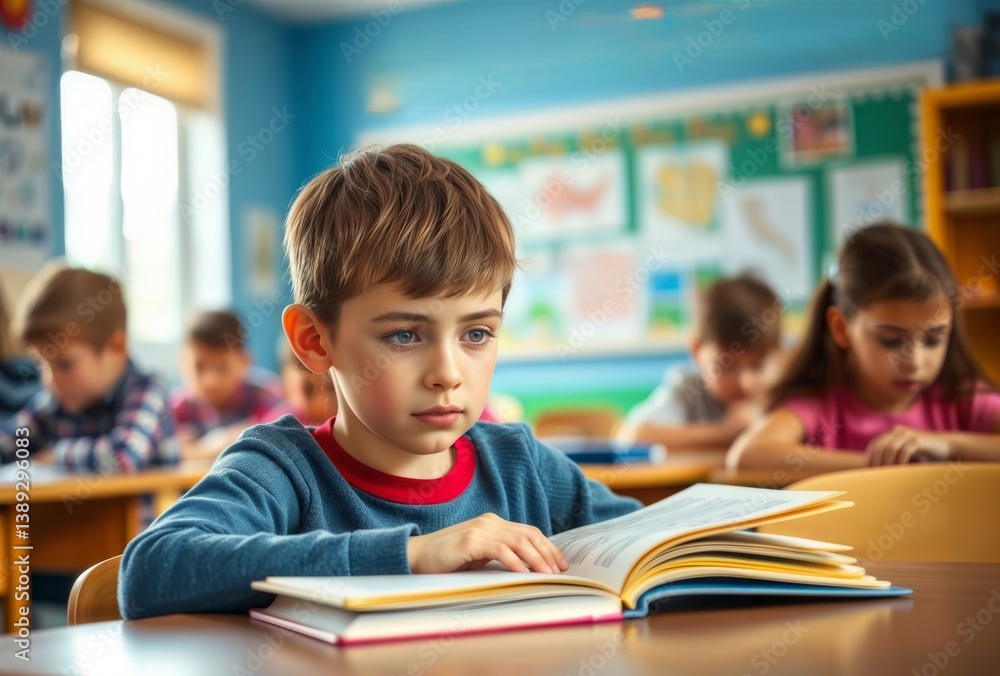 Boy reading book in class. A young boy intently reads a book at his desk in a classroom setting with other children.