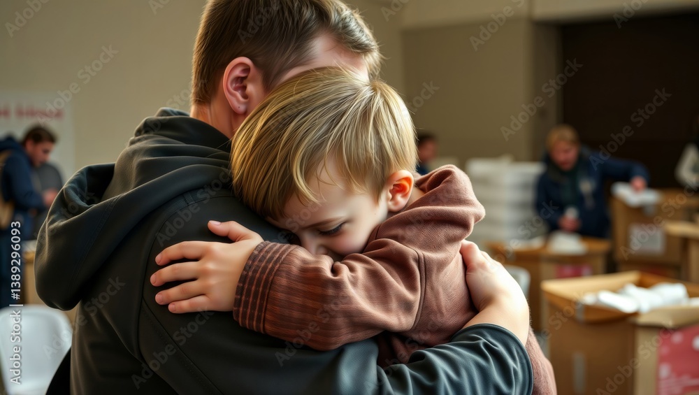 Tender Refugee Embrace. Young child hugging adult tightly in an emotional moment at what seems to be a refugee support center or processing facility.