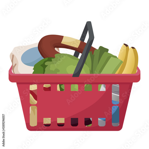 Red shopping basket filled with food items including vegetables, fruits, bread, and packaged goods on isolated white background. Vector illustration
