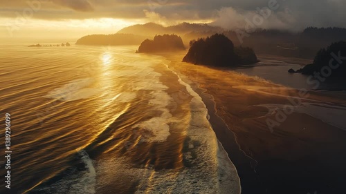 Golden Hour Coastal Panorama: Aerial View of a Dramatic Sunset over the Pacific Ocean