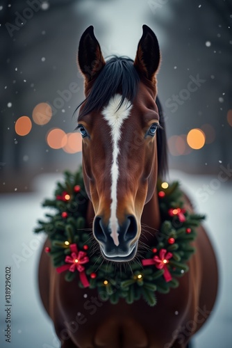 A close-up portrait of a horse adorned with a festive Christmas wreath around its neck. The background features softly glowing Christmas lights and a snowy landscape