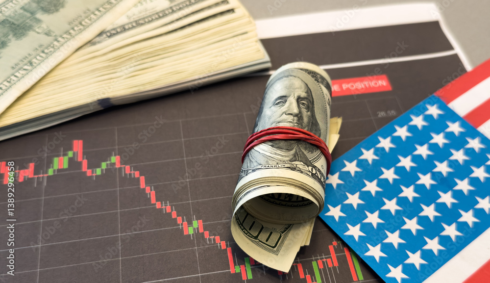 US financial system. American stock market crisis. Arrows down near US flag. Franklin with dollar bills. Monetary policy of united states. American financial market. US Investment crisis.
