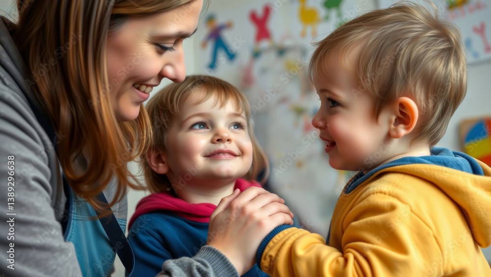Teacher with children in classroom. A female teacher interacts with two young children in a colorful classroom setting with learning materials.