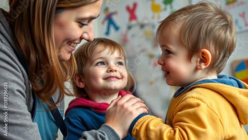Obraz na płótnie Teacher with children in classroom. A female teacher interacts with two young children in a colorful classroom setting with learning materials. w salonie
