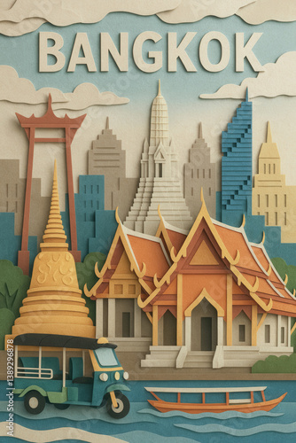Wallpaper Mural Colorful Bangkok landmarks in paper art style with tuk-tuk and temples Torontodigital.ca