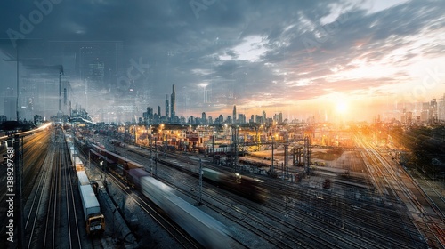 Urban Transportation System Abstract Double Exposure at Sunset