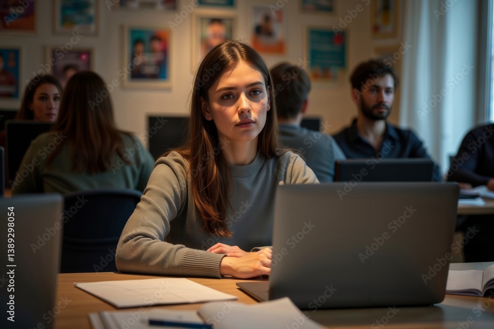 Woman working on laptop. A woman works on a laptop at a desk in an office setting, focused and determined.