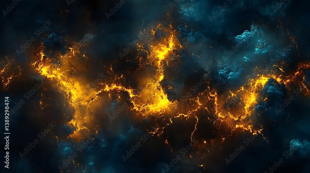 Fototapeta premium Glowing fiery energy, abstract background with blue, dark clouds, great for desktop or wallpaper