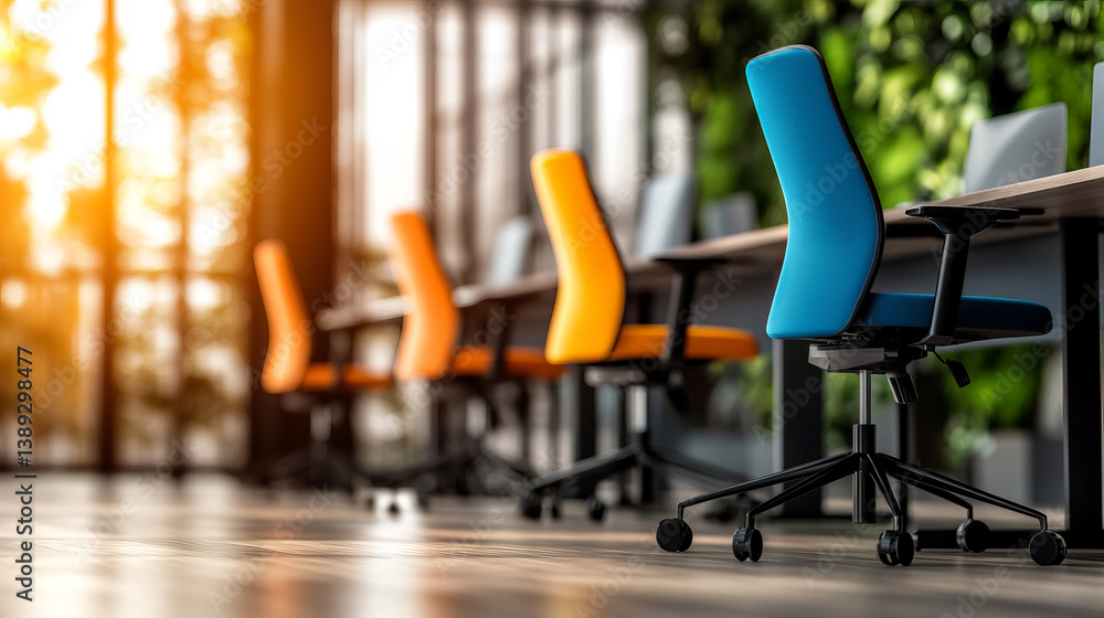 Fototapeta premium Ergonomic chairs in modern office space create vibrant and productive atmosphere, enhancing comfort and style