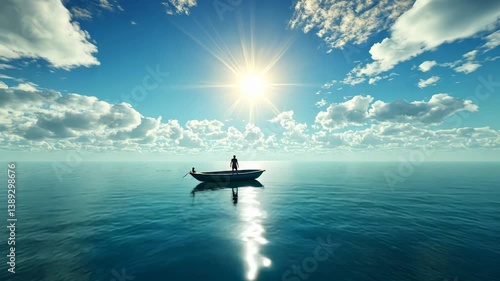 Solitude at Sea: A Man in a Small Boat under a Bright Sun