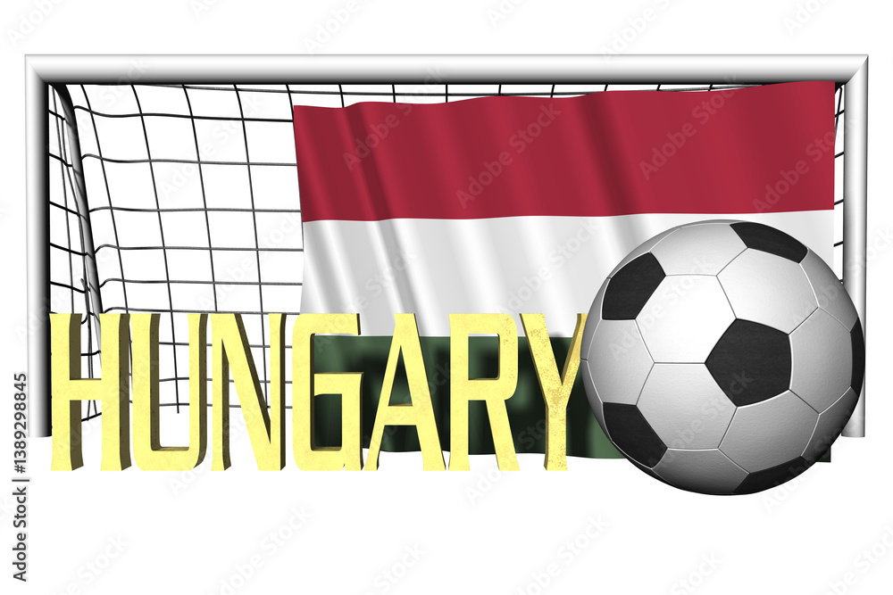Fototapeta premium PNG. Trasparente. Ungheria. Bandiera nazionale con in primo piano pallone da calcio. Sport football - Illustrazione 3D.