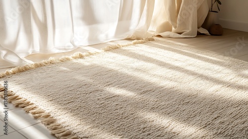 Beige rug on light wood floor with sunlight.