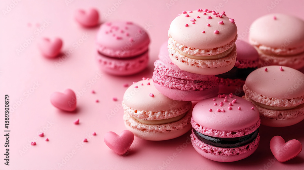 Fototapeta premium Pink Macarons and Heart Decorations against a Soft Pink Background