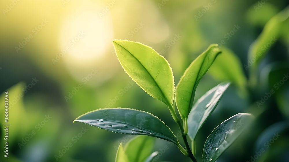 Fototapeta premium Vibrant Green Leaves of Tea Illuminated by Gentle Sunlight for Refreshing Vibe : Generative AI