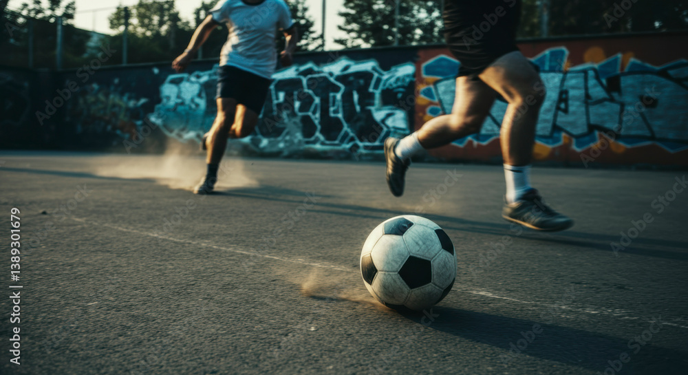 Close-up of intense football play on urban court, highlighting speed, power and dust with low sunlight and motion blur in gritty city environment.