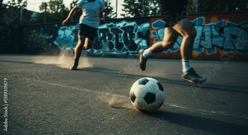 Obraz na płótnie Close-up of intense football play on urban court, highlighting speed, power and dust with low sunlight and motion blur in gritty city environment. w salonie