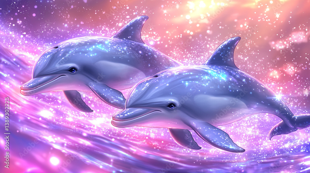 Fototapeta premium Two Glowing Dolphins Swimming in a Magical Ocean Under a Starry Sky