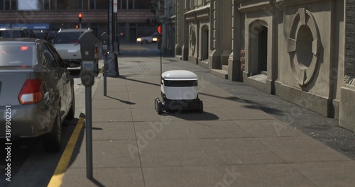 Autonomous delivery robot moves swiftly through a busy city sidewalk, navigating urban infrastructure with smart technology in a modern logistics environment