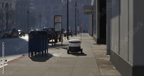 Autonomous delivery robot moves swiftly through a busy city sidewalk, navigating urban infrastructure with smart technology in a modern logistics environment
