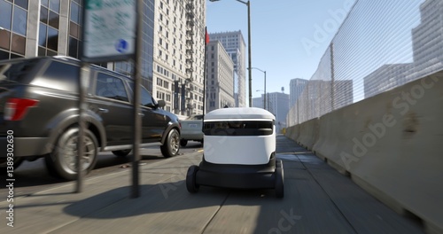 Autonomous delivery robot moves swiftly through a busy city sidewalk, navigating urban infrastructure with smart technology in a modern logistics environment