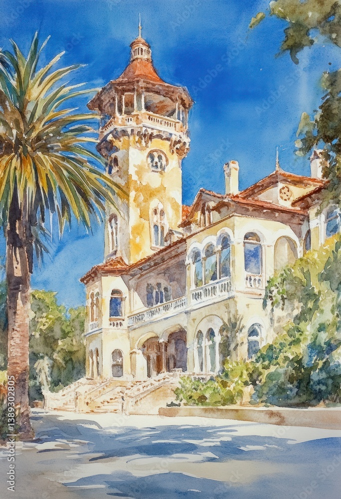 Obraz premium A watercolor painting depicts a classical building with a tower