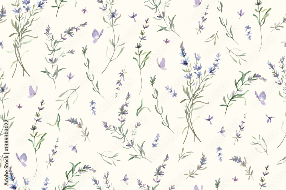 Seamless watercolor pattern with painted provence lavender. Hand drawn illustration isolated on pastel background.. Vector EPS.