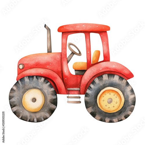 A watercolor red tractor on transparent background