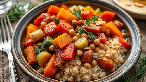 Moroccan vegetable tagine with couscous and fresh herbs