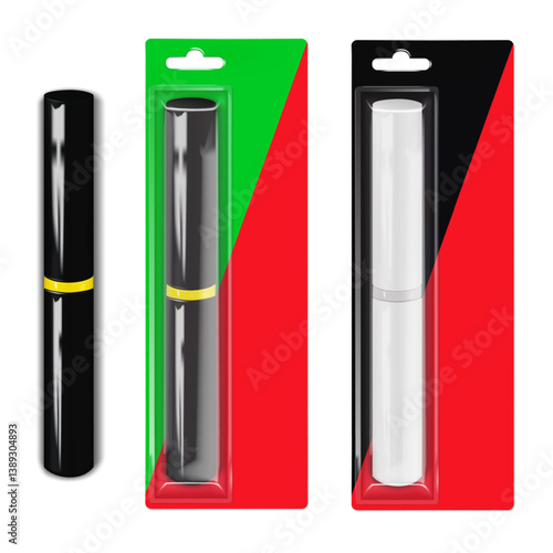 Cosmetic bottle packed in hanging cardboard and clear plastic rectangle blister box. Make-up container in individual sleeve package with euro hole hanger. Mockup. Beauty product packaging. Mock-up