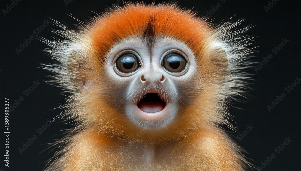 Surprised baby Monkey with Orange Fur and Wide Open Eyes, Isolated on Black Background. Surprised baby Monkey with Orange Fur and Wide Open Eyes, Isolated on Black Background.